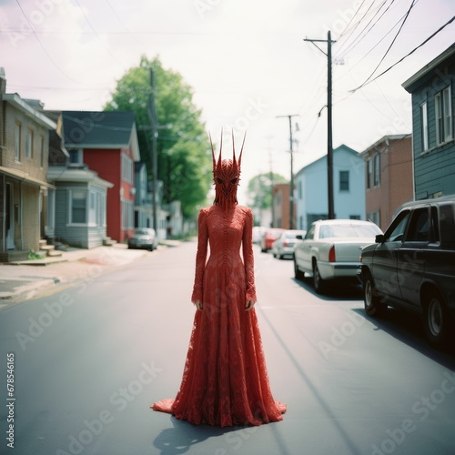 A woman wearing a long, red floor-length gown and a face mask with antennae standing on the road. A masquerade look. A ball dress. Lacy garment. Vogue. Fashion. Unusual look. Mysterious girl