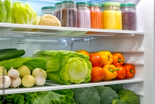 Open fridge full of fresh fruits and vegetables  healthy food background  organic nutrition  health care  dieting concept