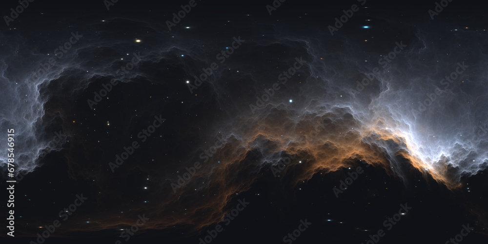 360 degree space background with nebula and stars, equirectangular projection, environment map. HDRI spherical panorama.