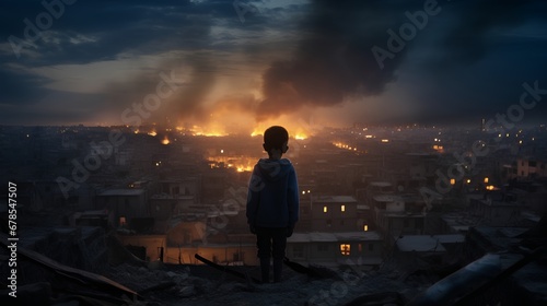 A young child stands in the foreground, gazing somberly at the ruins of a house demolished by a recent bombing in a wartorn city, reflecting the tragic impact of conflict on children.