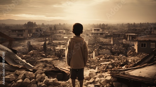 A young child stands in the foreground, gazing somberly at the ruins of a house demolished by a recent bombing in a wartorn city, reflecting the tragic impact of conflict on children. photo