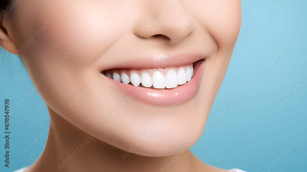 Fototapeta premium Close - up cropped of a beautiful smiling woman with white perfect teeth isolated on blue studio background with copy space. Dental care. Stomatology. Dentistry concept.