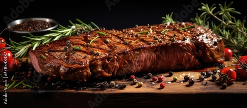 Grilled striploin steak on cutting board with herbs and spices