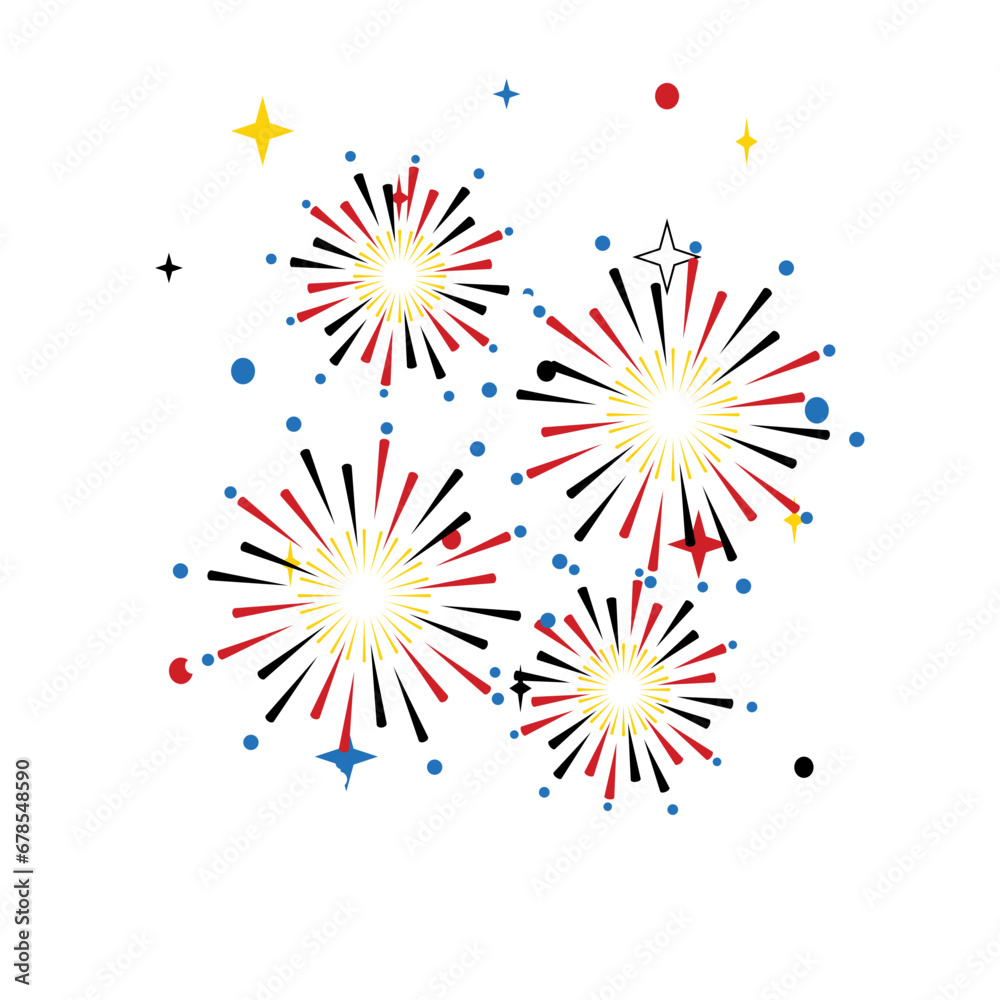 Multicolored fireworks isolated on white background. Colorful fireworks for party, festival, party, colorful sky, exploding stars. Celebrate a birthday or Christmas.