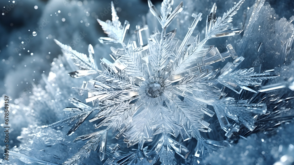 Crystal - like snowflakes adorning a frost - covered landscape Crystal - like snowflakes adorning a frost - covered landscape