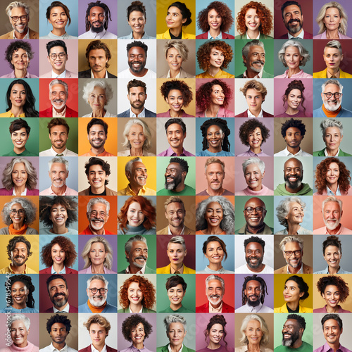 Collage of adult people of many age groups in front of colorful backgrounds