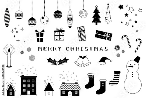 かわいいクリスマスのイラストセット-白黒