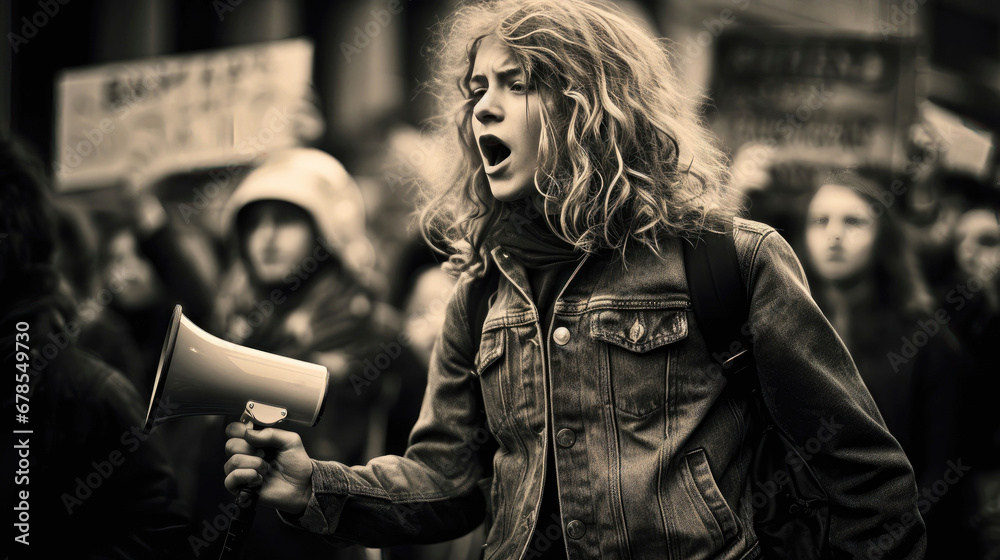 Passionate young woman leading protest with megaphone amidst a crowd
