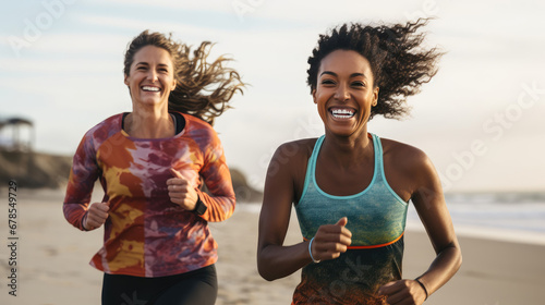 Joyful friends running on a beach during sunrise, radiating energy and happiness