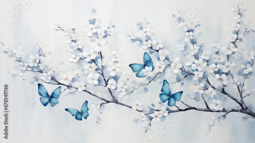 A painting of a bunch of blue butterflies