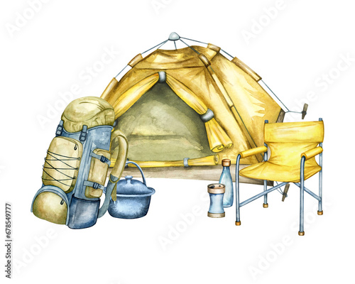 Tent and fire in nature, in the field and in the mountains. Camping gear, hand drawn watercolor illustration. Glamping tent, campfire, camping, barbecue and chair.