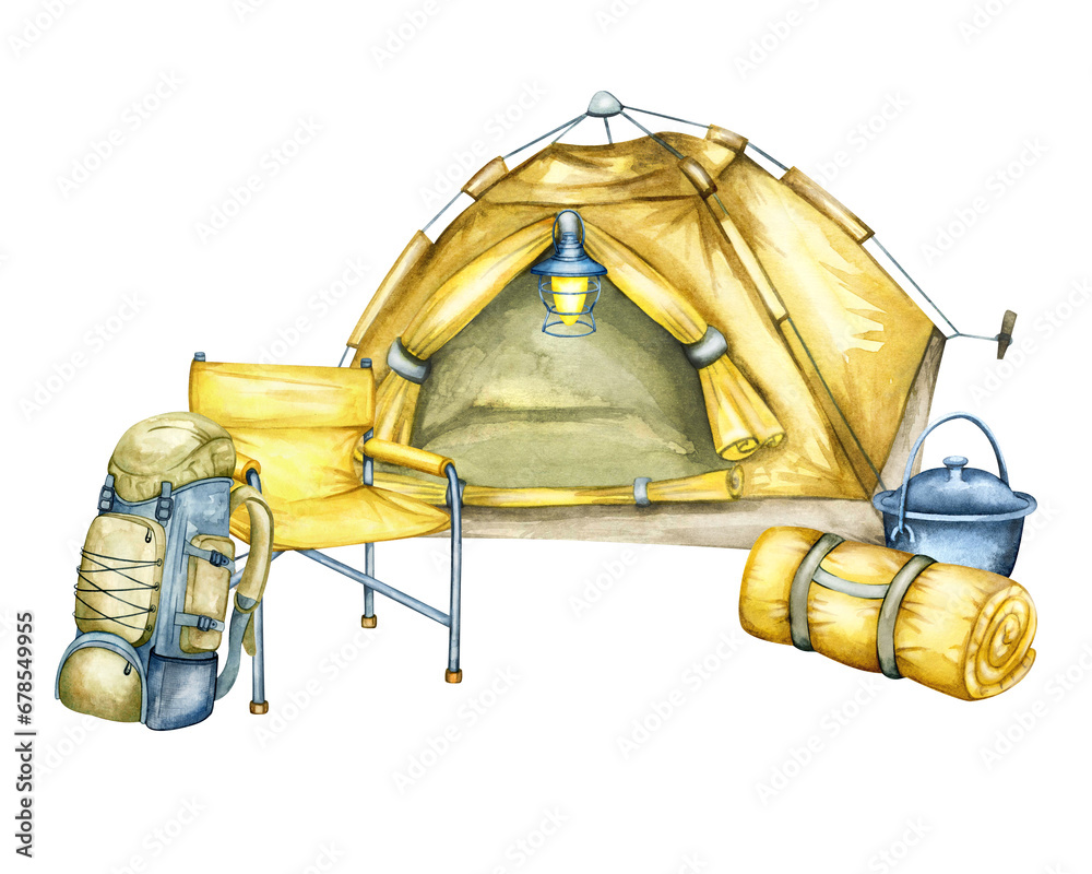 Tent and fire in nature, in the field and in the mountains. Camping gear, hand drawn watercolor illustration. Glamping tent, campfire, camping, barbecue and chair. Tent and fire in nature, in the field and in the mountains. Camping gear, hand drawn watercolor illustration. Glamping tent, campfire, camping, barbecue and chair.