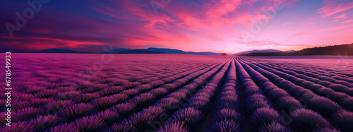  Breathtaking Sunset Over a Lavender Field, scenic landscape with purple and pink cloud in sky, panoramic landscape wallpaper 
