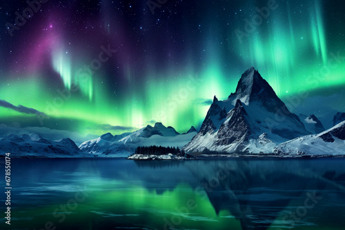 Green aurora borealis over snow capped mountains and water. Generative AI © Paradoxx