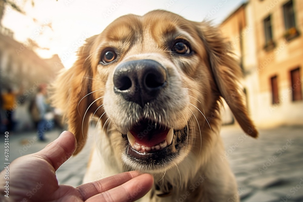 A portrait of a happy dog pet looks at its owner while an owner hands it over to pet it, shot outdoors. Generative AI.
