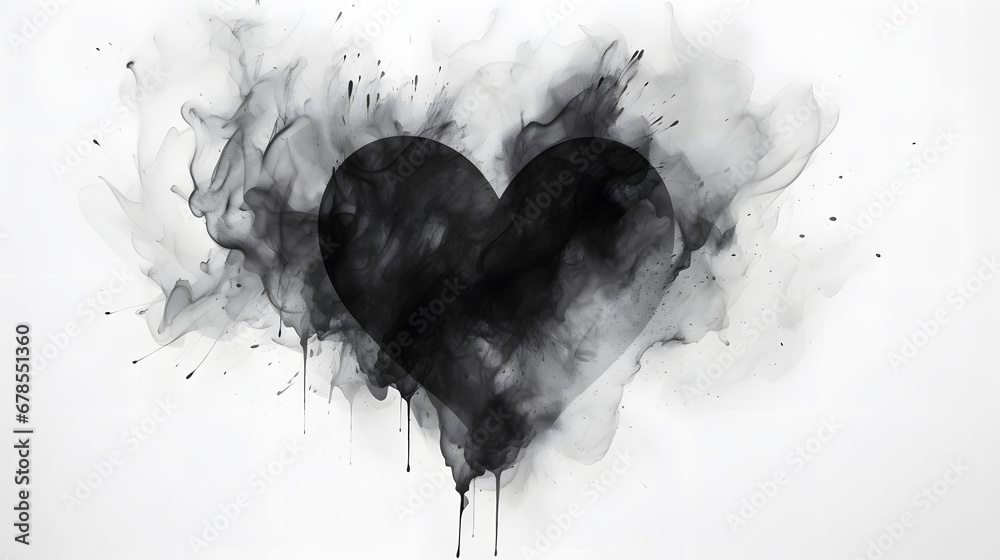Black watercolor ink broken heart. Smoke flow blot on white background texture marble. Generative Ai.