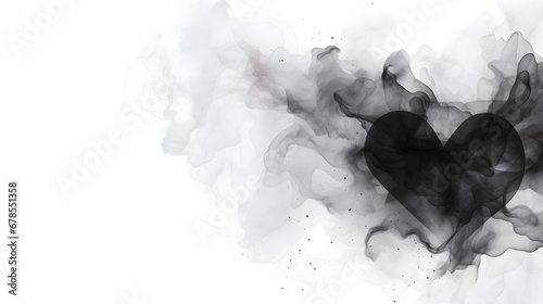 Black watercolor ink broken heart. Smoke flow blot on white background texture marble. Generative Ai. photo