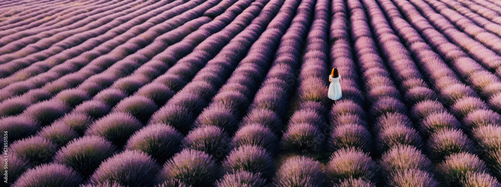 Aerial view of a tranquil Moment in a Lavender Paradise, woman with white dress walking in lavender field