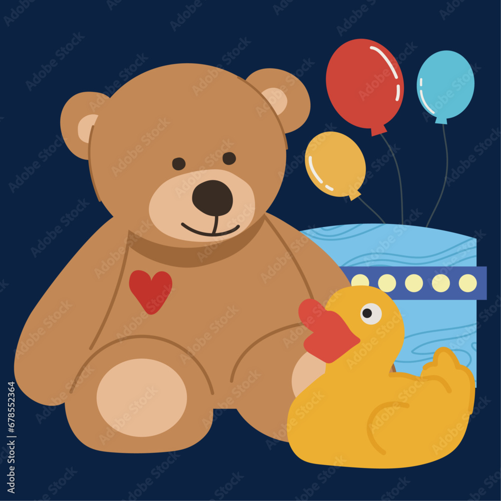 Fototapeta premium kids toys teddy bear balloon ducks in flat illustration