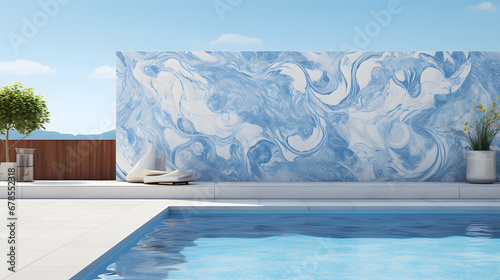  blue and white pattern, pool tiles design, exterior wall elevation tiles design, natural sky blue stone texture marble. Generative Ai. photo
