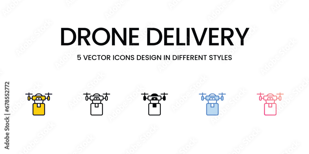 Drone Delivery Icon Design in Five style with Editable Stroke. Line, Solid, Flat Line, Duo Tone Color, and Color Gradient Line. Suitable for Web Page, Mobile App, UI, UX and GUI design. Drone Delivery Icon Design in Five style with Editable Stroke. Line, Solid, Flat Line, Duo Tone Color, and Color Gradient Line. Suitable for Web Page, Mobile App, UI, UX and GUI design.