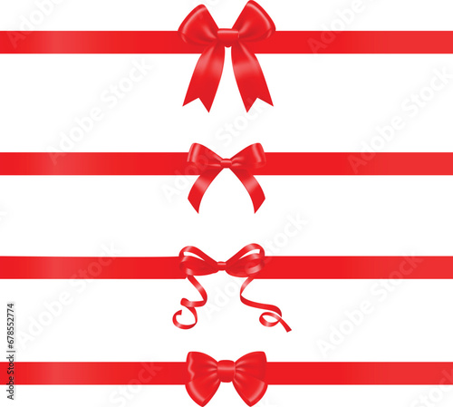 Red Ribbon Bow Realistic shiny satin with shadow horizontal ribbon for decorate your wedding invitation card ,greeting card or gift boxes. Vector realistic design element. Icon design bundle.