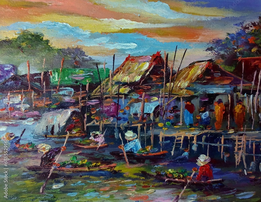 Original   art painting Oil color Floating market Thailand   countryside