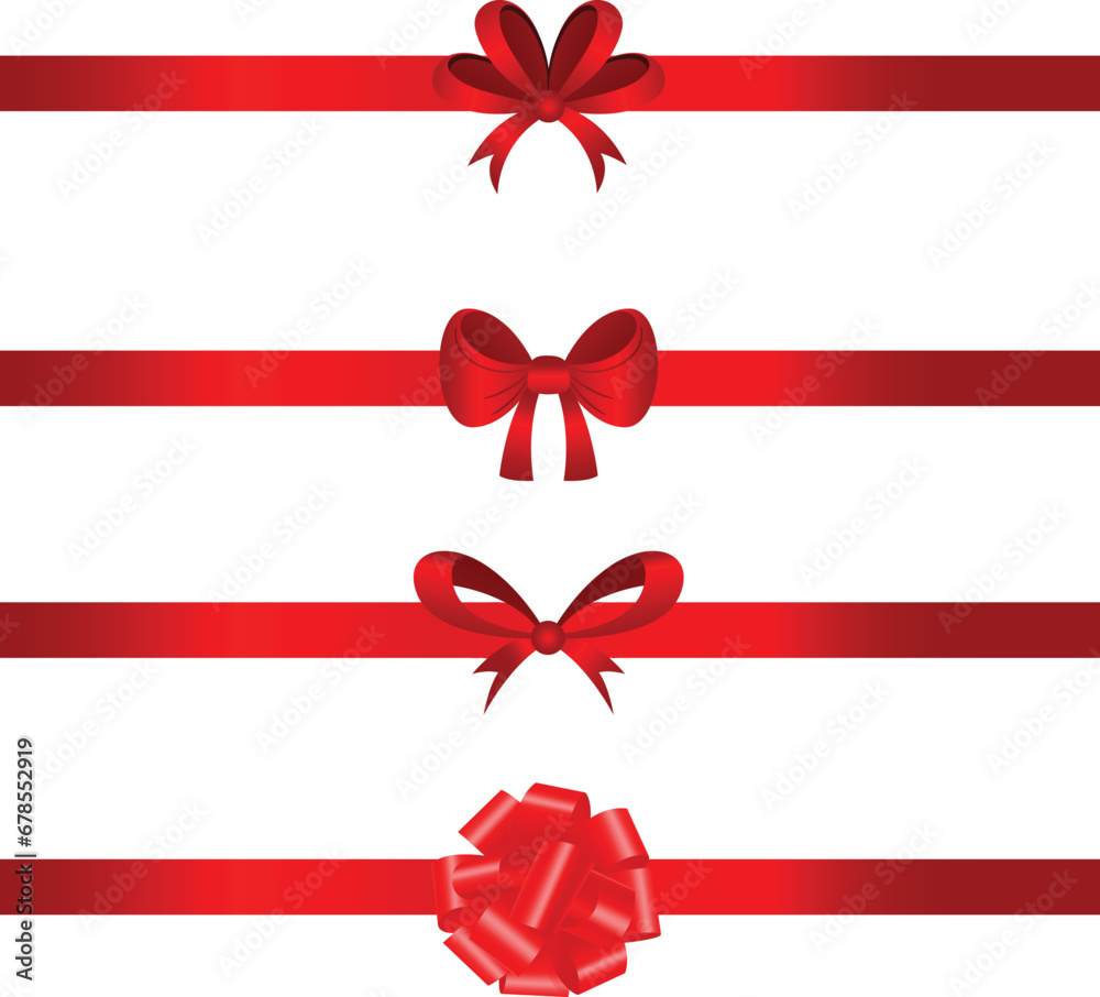 Red Ribbon Bow Realistic shiny satin with shadow horizontal ribbon for decorate your wedding invitation card ,greeting card or gift boxes. Vector realistic design element. Icon design bundle. Red Ribbon Bow Realistic shiny satin with shadow horizontal ribbon for decorate your wedding invitation card ,greeting card or gift boxes. Vector realistic design element. Icon design bundle.