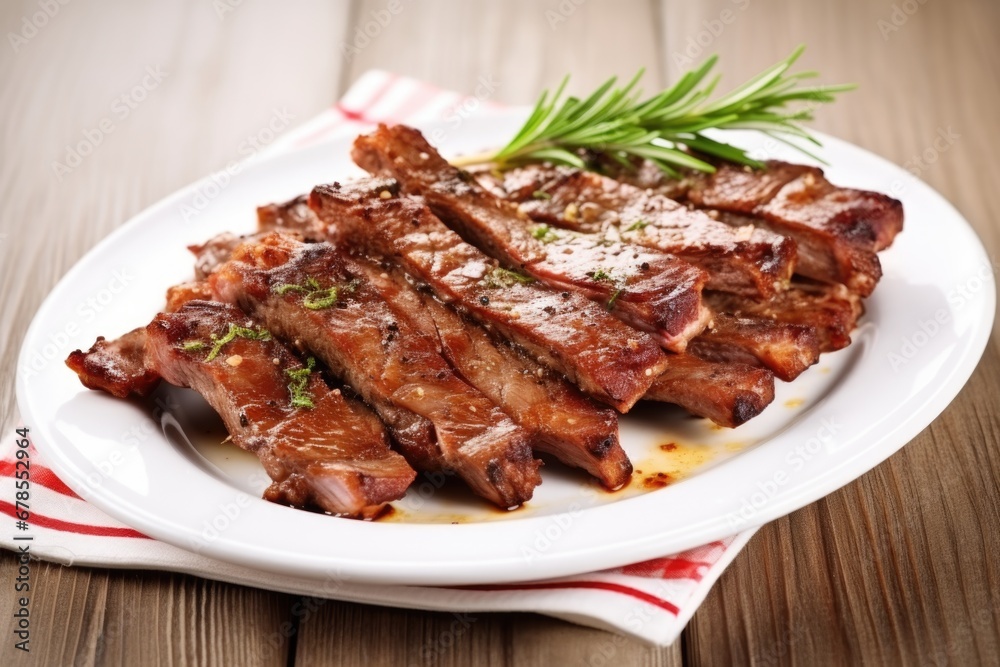 smoky grilled ribs served on a white ceramic plate