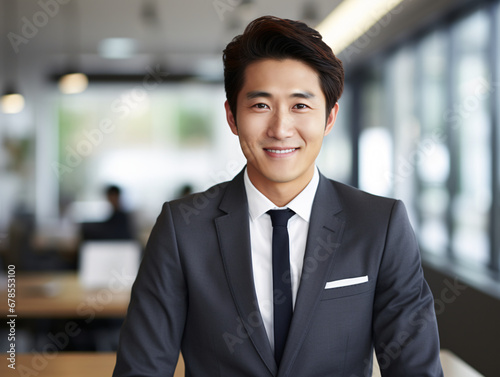 Smiling Japanese professional in a chic suit, exuding confidence, facing the camera with direct eye contact, standing by a minimalist desk in a contemporary co-working space.