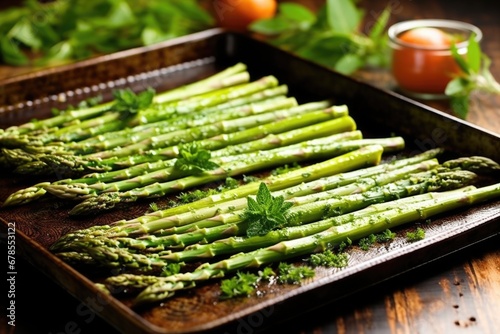 asparagus spears with crispy ends surrounded by fresh herbs on a tray