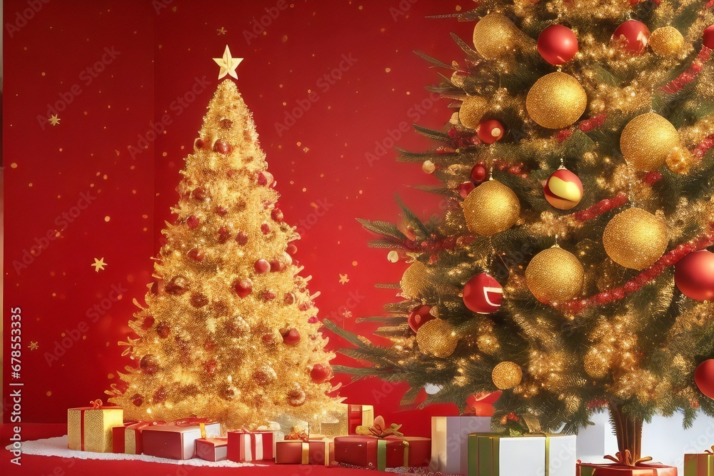 Christmas sparkling bright tree with star. Realistic 3d design of objects, light garlands, bauble ball, Gift box, surprise gifts, gold confetti. red background Christmas Tree and Presents on Red