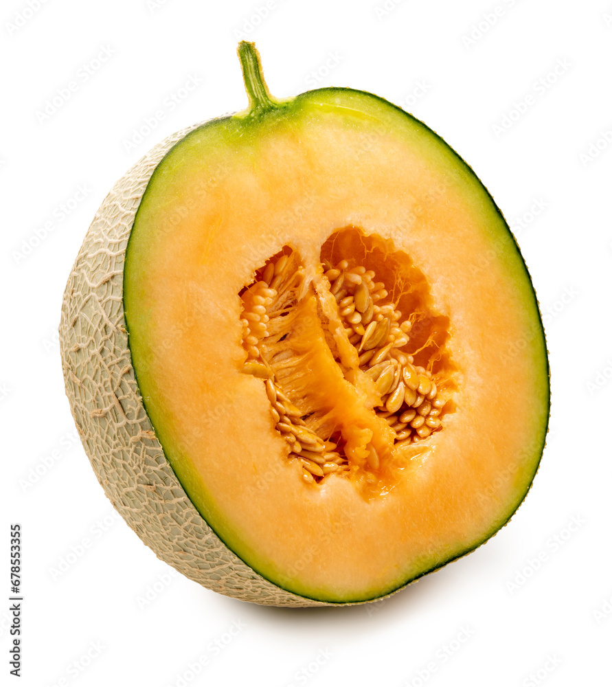 Cantaloupe melon cut in half on white background. Sweet Orange Melon isolate on white with clipping path. Cantaloupe melon cut in half on white background. Sweet Orange Melon isolate on white with clipping path.