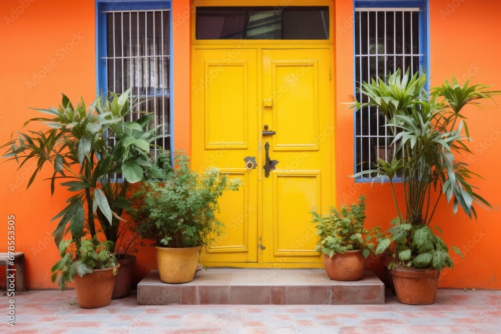front view of a vibrant orange hostel door with plants
