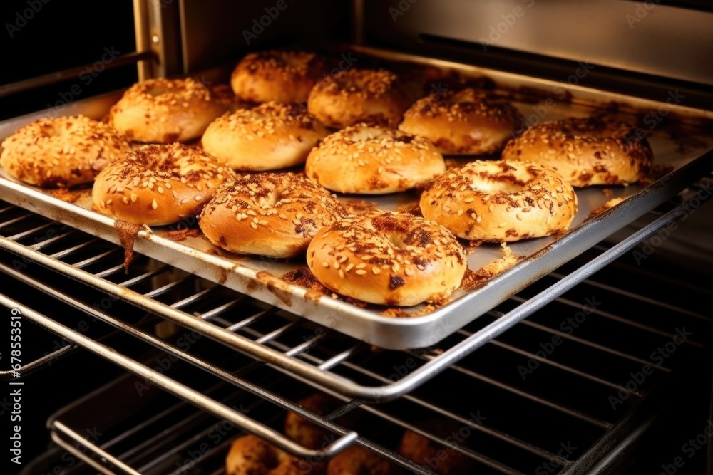 high angle shot of bagels being baked inside the oven