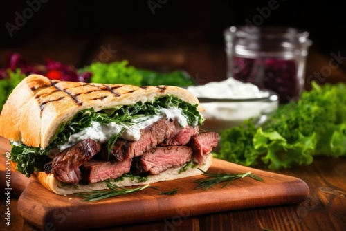 lamb bbq sandwich with lettuce, and horseradish sauce photo
