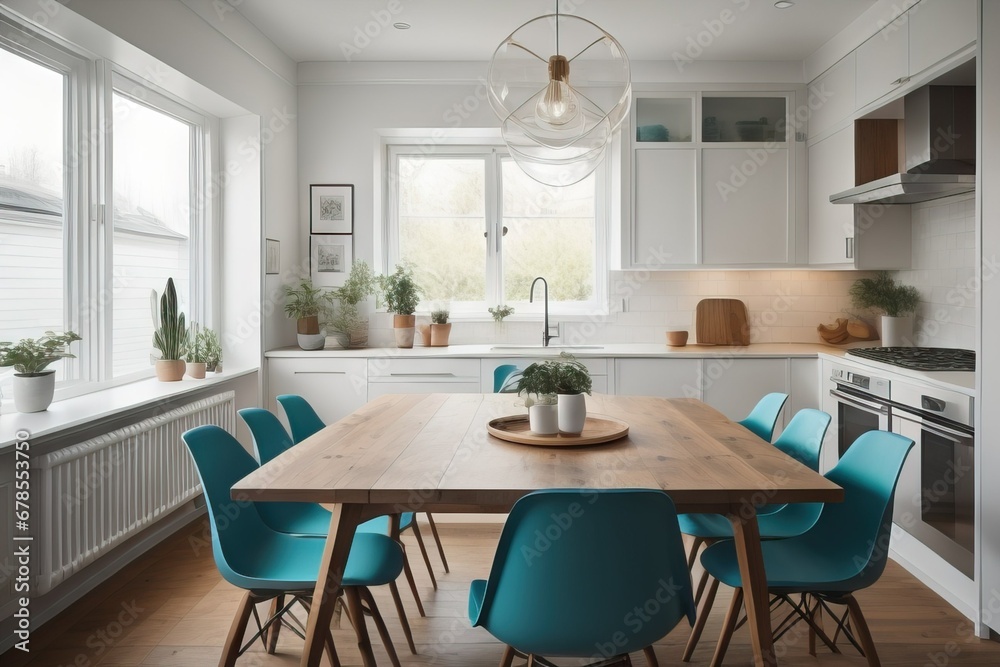 home interior design of modern dining room with wooden dining table and turquoise chair