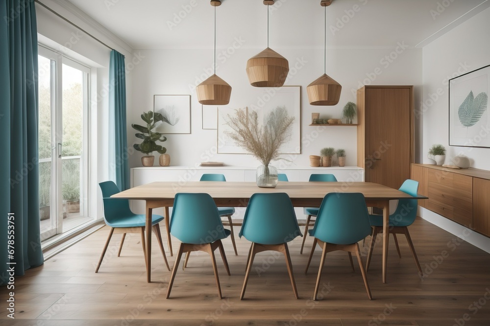 home interior design of modern dining room with wooden dining table and turquoise chair