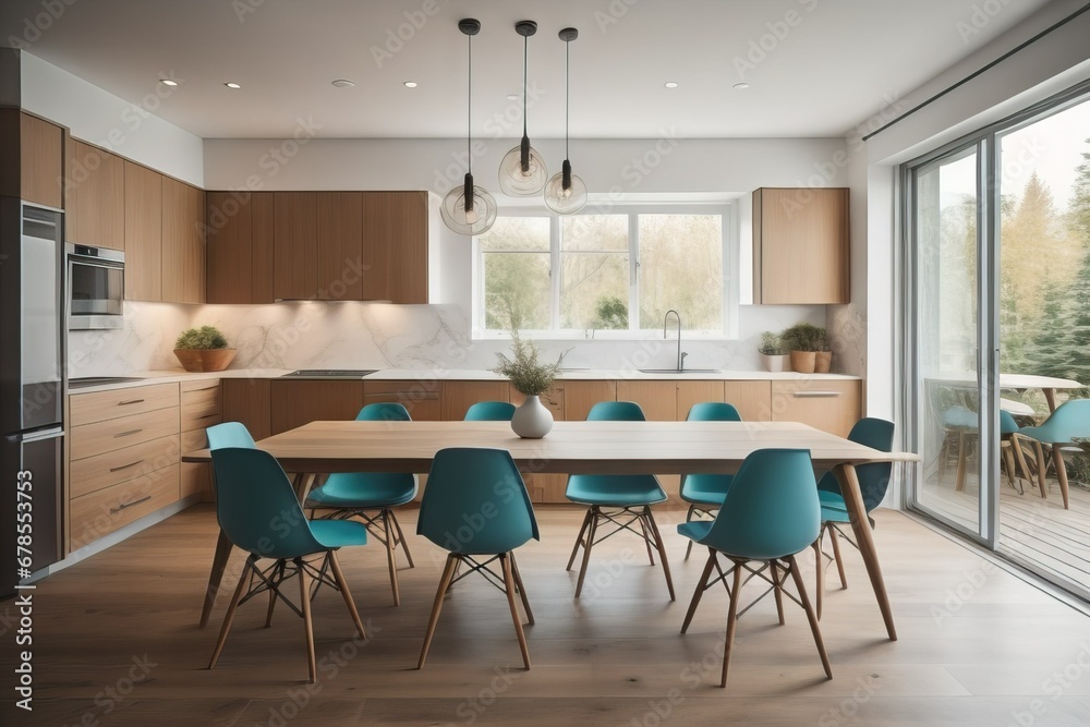 home interior design of modern dining room with wooden dining table and turquoise chair home interior design of modern dining room with wooden dining table and turquoise chair
