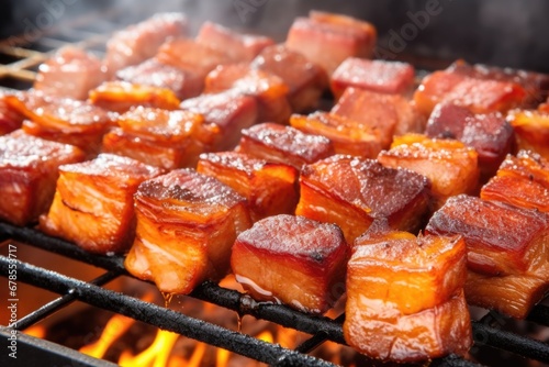 close-up of sizzling pork belly on bbq rack photo