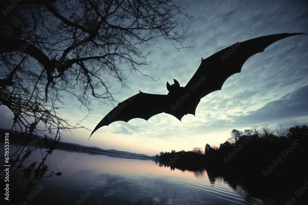 Fototapeta premium lone bat in mid-flight against moonlit sky