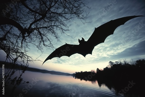 lone bat in mid-flight against moonlit sky