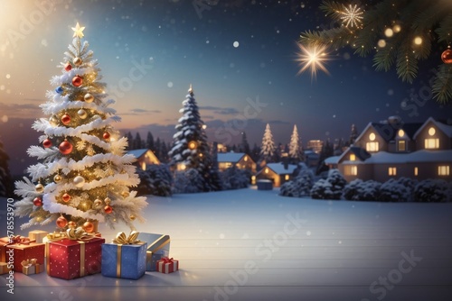 Scena natalizia con neve A beautiful Christmas tree with shiny lights and gifts, Generative AI charistmas tree background

 
 photo