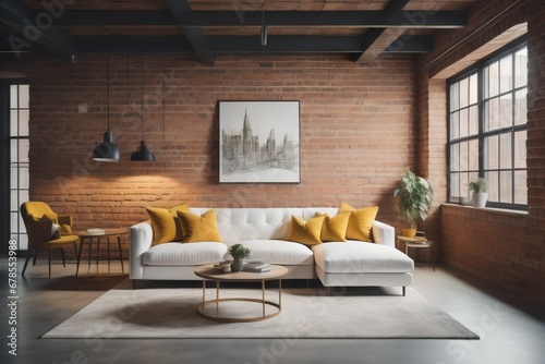  Studio apartment with white tufted sofa with yellow pillows near brick wall. Industrial loft home interior design of modern living room