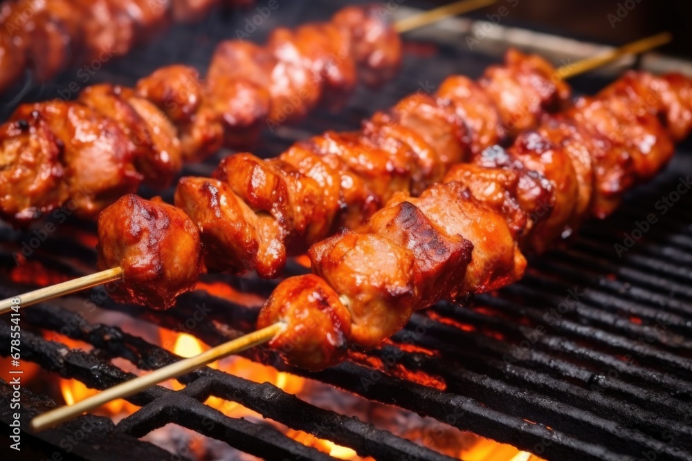 close up of juicy bbq sausages on skewers