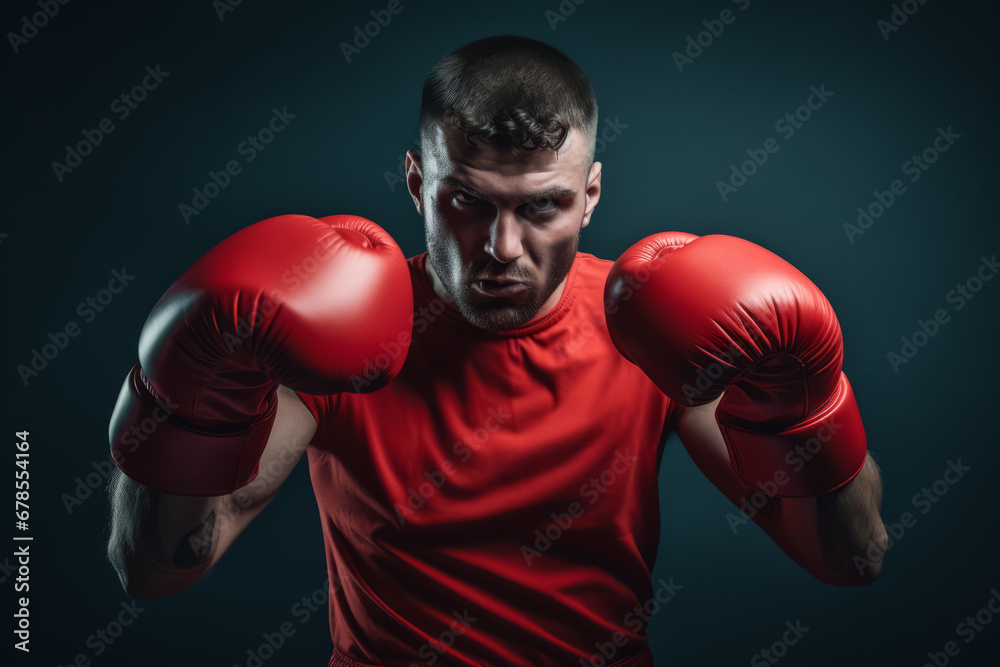 Boxer with an aggressive look in red boxing gloves before a fight against a black background