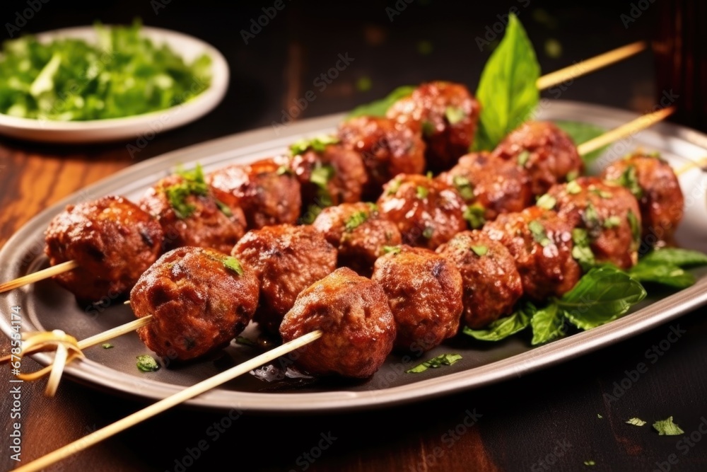 bbq meatball skewers with aromatic herbs sprinkled on top
