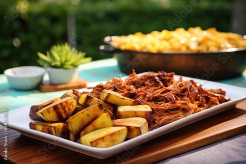 bbq jackfruit and fried potatoes on a serving platter
