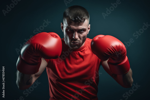 Boxer with an aggressive look in red boxing gloves before a fight against a black background