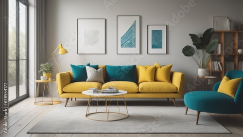  Teal sofa and yellow accent chair. Retro interior design of living room